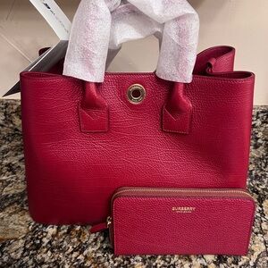 Authentic Burberry Burgundy Leather Tote and Wallet